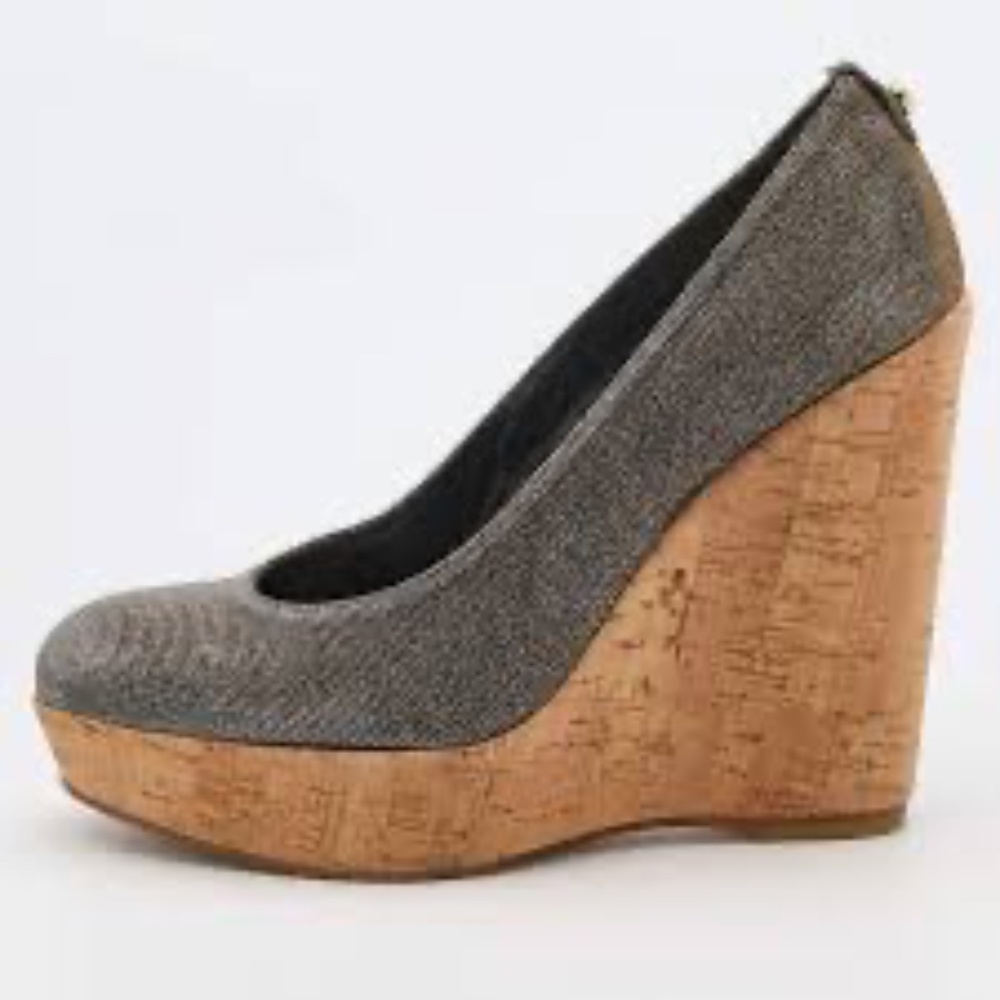 Stuart Weitzman Metallic Silver/Grey/Bronze Corkswoon Wedge Heels Sz 8